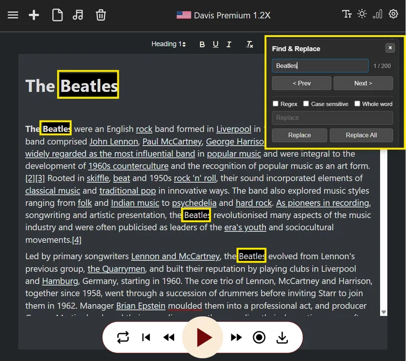 An icon showing a magnifying glass finding and replacing a word in a document.