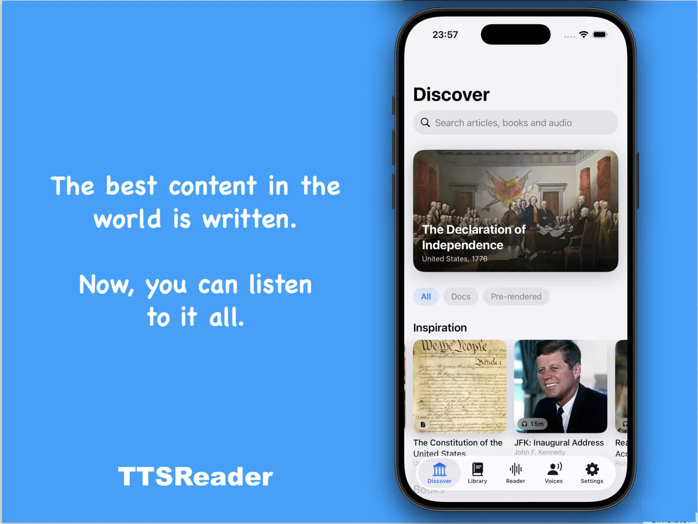The Discover tab with The Declaration of Independence as the featured item.
