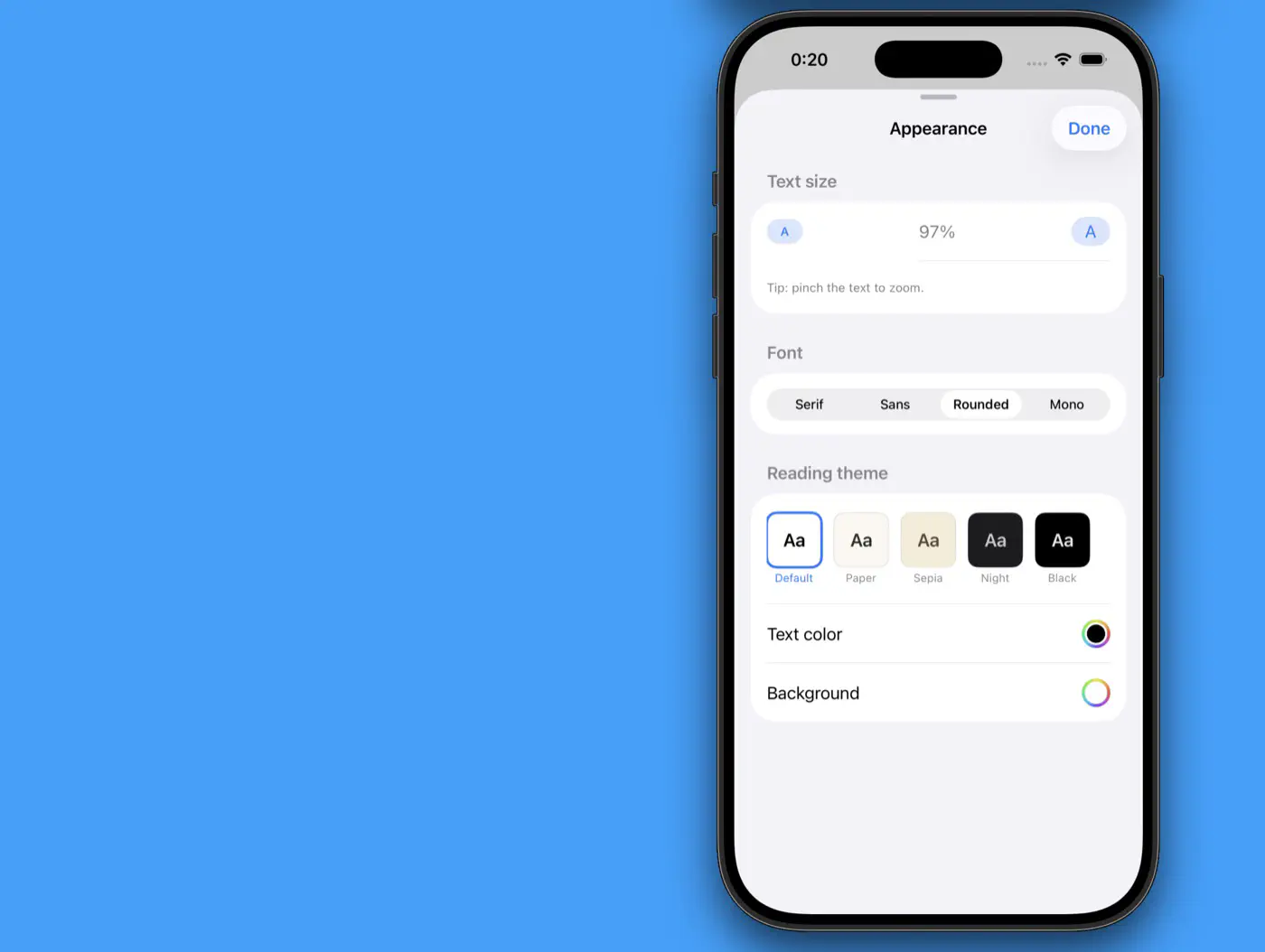 The Appearance sheet with text size, font choices, and reading themes.