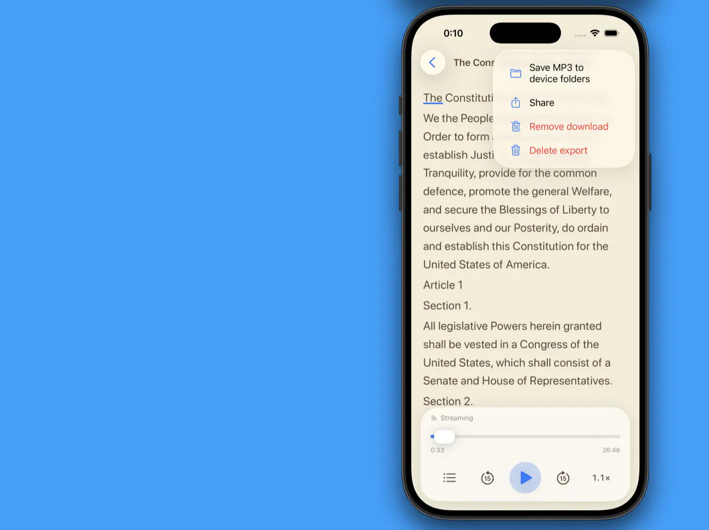 The rendered audio menu: save MP3 to device folders, share, remove download.