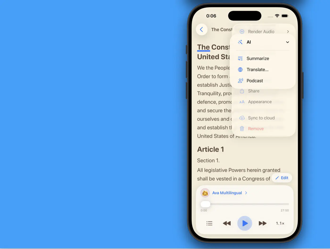 The document menu with AI actions: Summarize, Translate, and Podcast.