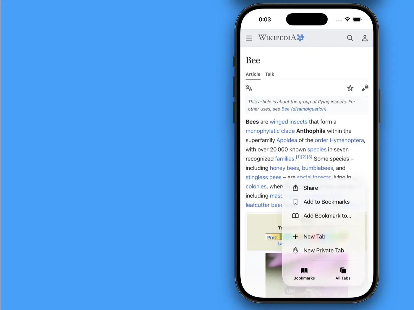 A Wikipedia article in the browser with the share menu open.