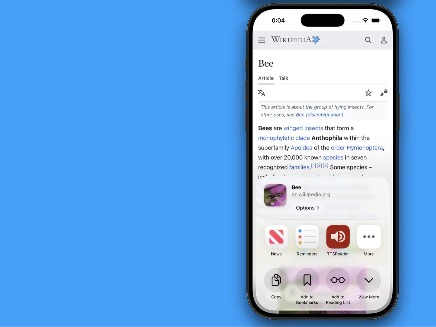 The iOS share sheet with TTSReader among the share targets.