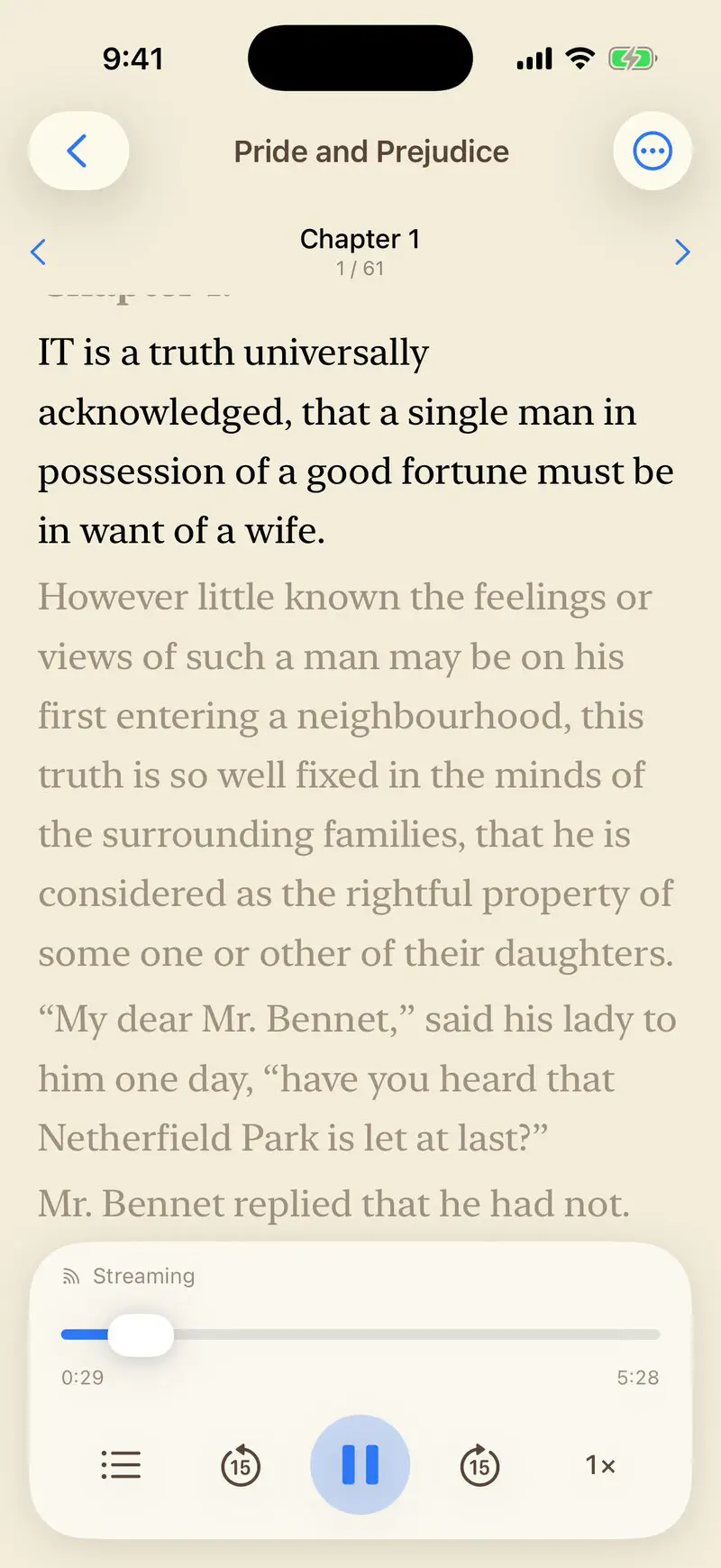 Pride and Prejudice, chapter 1, playing in TTSReader with its famous first sentence highlighted.