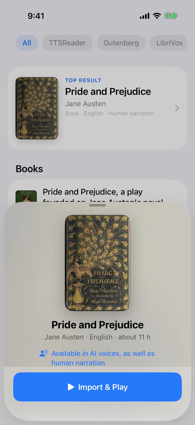 Pride and Prejudice’s card: listen to a human narration or read it with an AI voice.