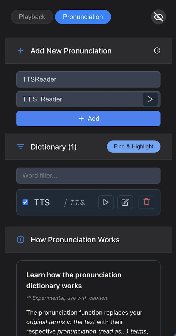 TTSReader&rsquo;s Pronunciation Dictionary — defining custom pronunciations in the player settings.